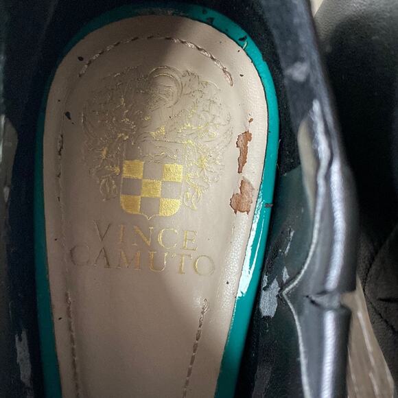 VINCE CAMUTO Leather Sandal Womens Sz 8.5 Black Platform Peep Toe - Picture 5 of 8